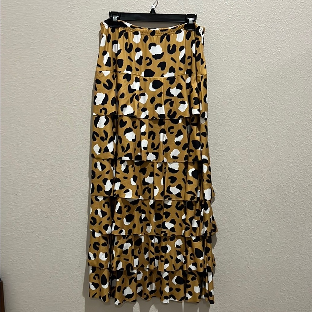 Nuggles maxi ruffle skirt, mustard leopard print, size Large